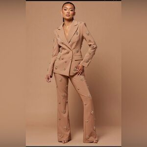 RICH RLEGANT CLASSY SUIT UPSCALE MOCHA EMBELLISHED PANT SET WITH BLAZER